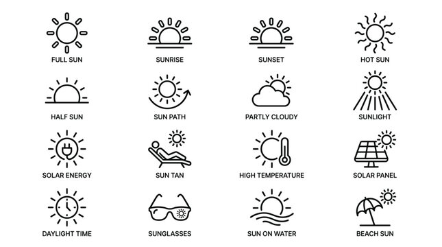Full sun sunrise sunset hot sun half sun sun path partly cloudy sunlight solar energy sun tan high temperature solar panel daylight time sunglasses sun on water beach sun line icon set.