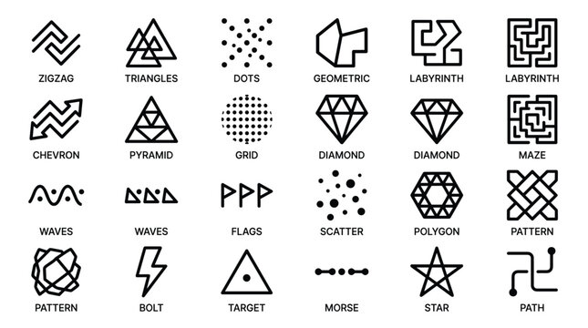 Geometric pattern icons and abstract symbol set including zigzags triangles dots labyrinth paths chevrons diamonds pyramids waves flags bolts and star shapes pack.