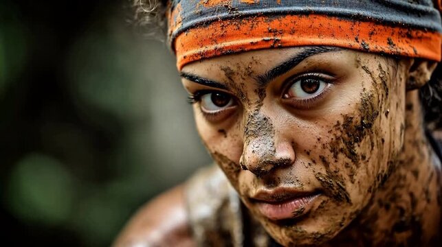 Woman covered in mud with headband