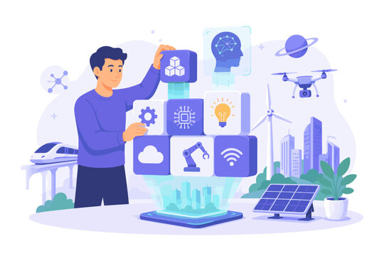 Smart city and emerging technologies. Professional integrating advanced technologies, automation and digital infrastructure for future urban development