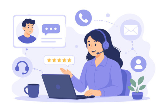 Customer support representative assisting clients through digital communication channels while providing solutions and improving service satisfaction and experience