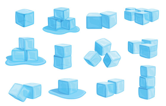 Cartoon ice cubes. Square pieces melting, frozen water in cube forms. Freeze elements for drinks and food, for cooling at summer heat, sapid vector clipart