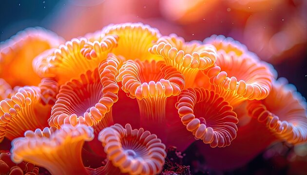 Close-up of vibrant orange coral polyps in the ocean.