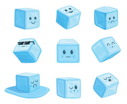 Ice cubes characters. Cartoon frozen water face character different emotions. Blue ice cube melting, in sunglasses. Refresher elements for drinks, sapid vector clipart