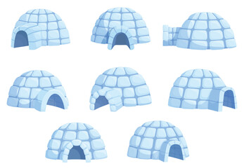 Cartoon isolated igloo. House from ice cubes, eskimo traditional buildings different angles. North snow huts for cold climate, arctic home sapid vector set © MicroOne