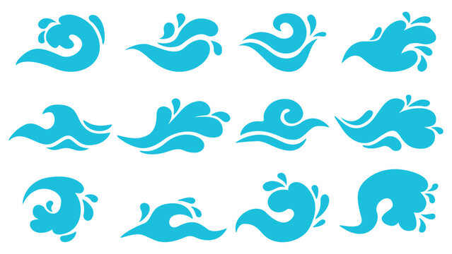 Flat blue sea waves. Ocean wave, water splashes different shapes. Isolated decorative nature elements, simple seaside design for branding, sapid vector set