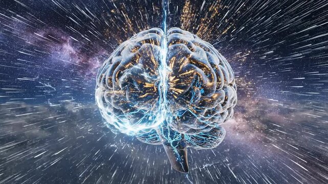 Glowing brain with neural network connections pulsing with light, set against a cosmic nebula and starry sky with clouds