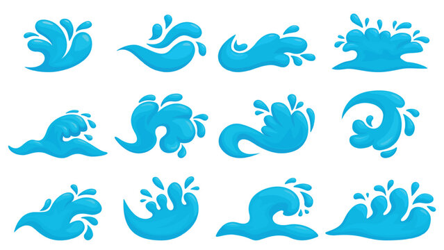 Cartoon dynamic ocean waves. Sea wave, blue water swirls and splashes different shapes. Nature landscape elements, waterfall, seaside, sapid vector clipart