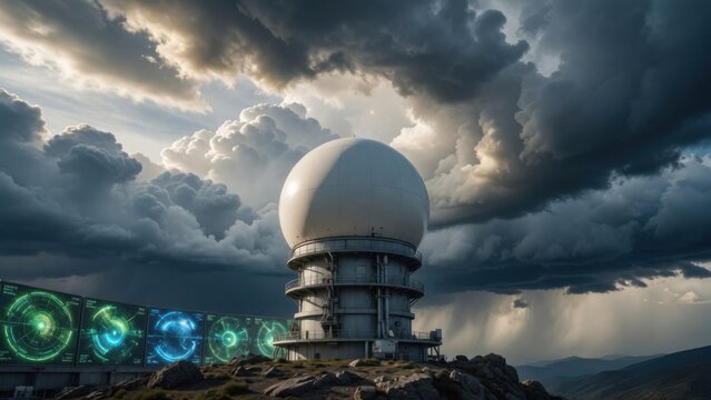Weather Radar Dome Station Futuristic Digital Storm Sky