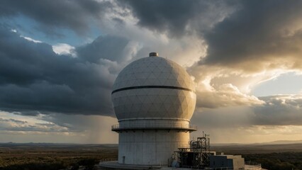 Fototapeta premium Radar Dome Station Against Dramatic Stormy Sky at Sunset