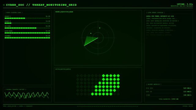 Green cyber security threat monitoring dashboard interface.