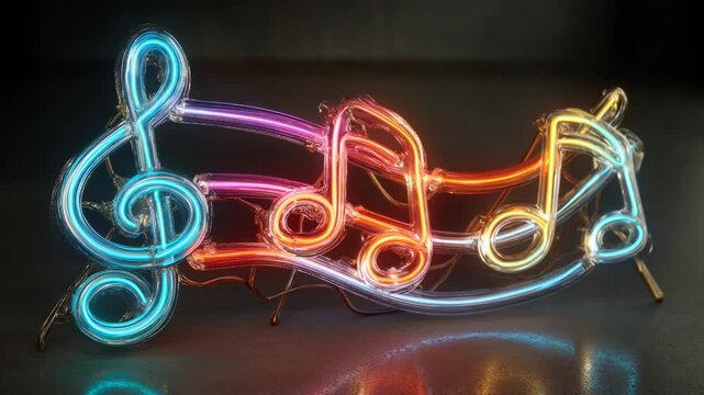 Beautiful neon sign with musical notes and treble clef glowing with vibrant, changing colors