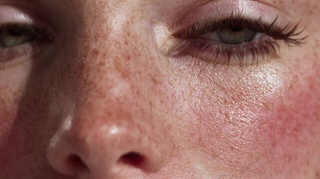 Extreme close-up of a woman's face with rosacea, showing redness, freckles, and sensitive skin