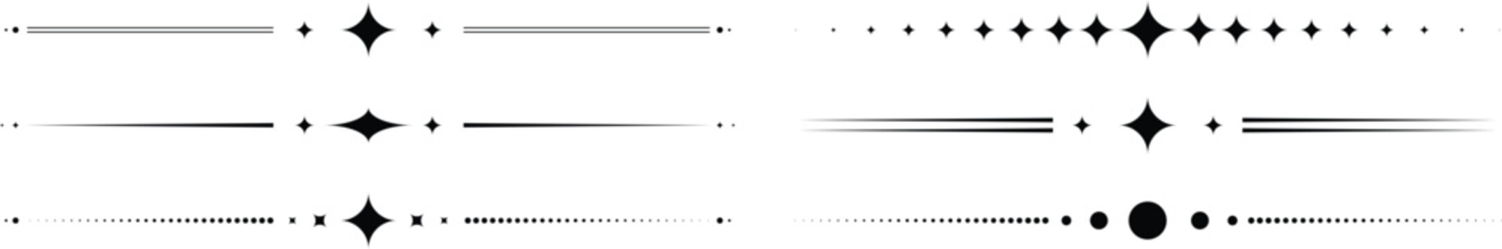 Minimalist horizontal speed line divider set with starburst accents and motion streaks for modern graphic design, branding, and comic style layouts. Clean vector illustration. Perfect for banners.