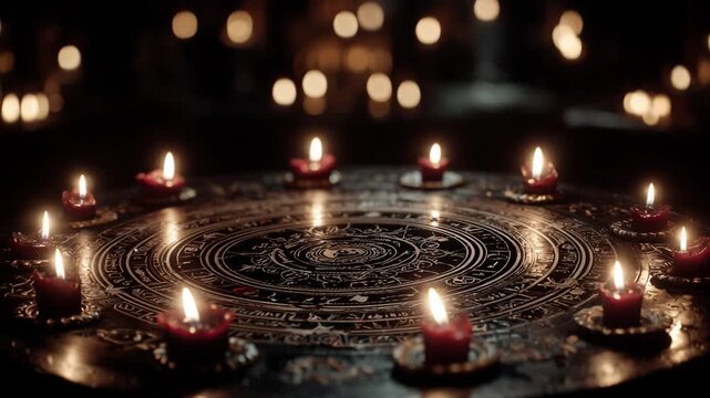 Ancient esoteric altar with a circle of burning red candles for a magical satanic ritual