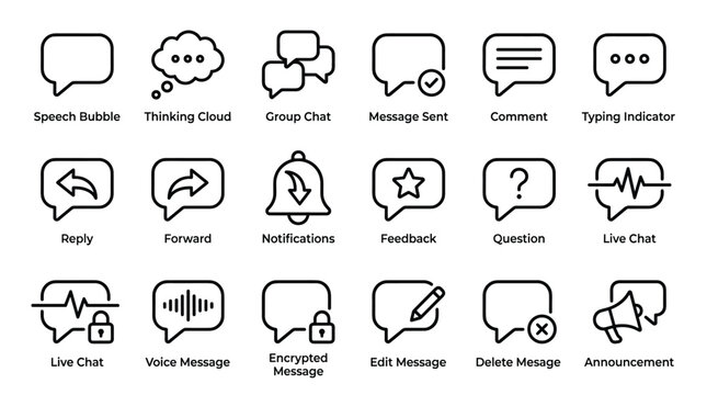 Minimalistic outline vector chat icon set for user interface design, messaging apps, and social media communication needs.