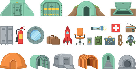 Flat Design Underground Bunker and Shelter Icon Set With Emergency Supplies Gas Mask Rocket and Safety Equipment Vector Illustration © Mifta