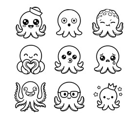 Fototapeta premium Cute Chibi Octopus Cartoon Character Kawaii Ocean Sea Animal Vector Illustration