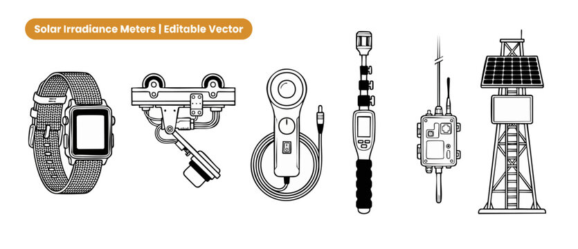 Solar irradiance meter vector icons set for measuring solar energy power and sunlight intensity tracking with pyranometer sensor equipment in flat outline style isolated on white background templates.