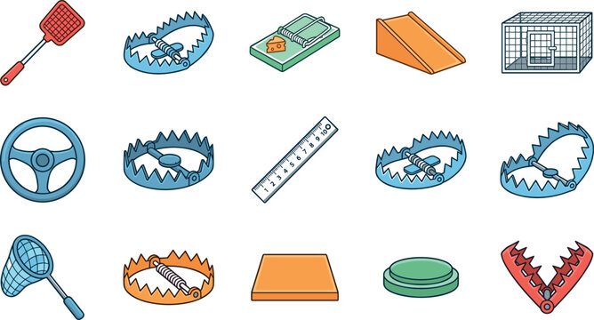 Cartoon Pest Control and Animal Trap Icon Set With Mouse Trap Cage Bear Trap Fly Swatter and Net Vector Illustration Collection