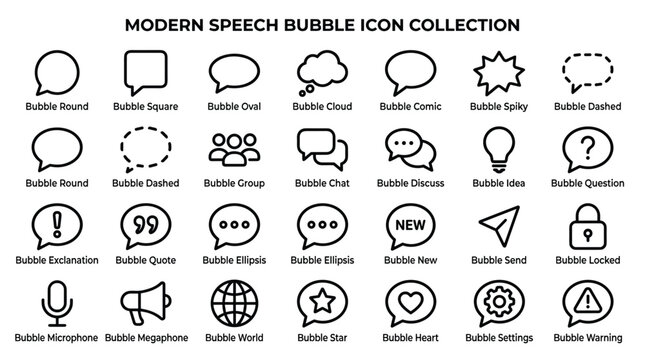 Modern speech bubble icon collection featuring diverse chat and communication symbols in black outline style for mobile applications and web design layouts.