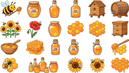 Cute Cartoon Honey and Beekeeping Collection With Bee Honeycomb Jar Hive Sunflower and Natural Product Elements Vector Illustration Set © Mifta