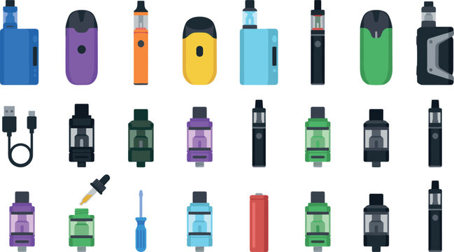 Flat Design Electronic Cigarette and Vape Device Collection With Tanks Mods Coils and Accessories Vector Illustration Set