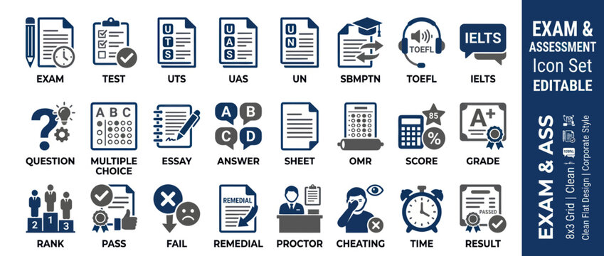 Exam and Assessment Icons Set: Testing, Education, Grades, Pass, Fail, Cheating