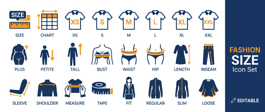 Fashion Size Icon Set: Clothing Measurement, Apparel Sizes, and Fit Guide Icons