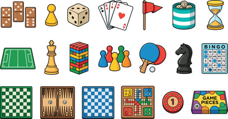 Colorful Board and Table Game Icon Set With Chess Domino Dice Cards Bingo Ludo and Classic Game Elements Vector Illustration © Mifta