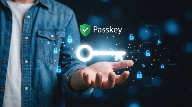Man holding glowing key with passkey and lock icons