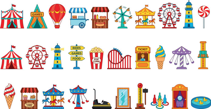 Colorful Carnival and Amusement Park Icon Set With Ferris Wheel Roller Coaster Circus Tent and Fun Fair Elements Vector Illustration