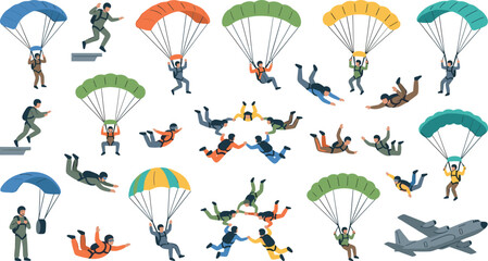Flat Design Skydiving and Parachuting Action Scene Collection With Solo and Group Jumpers and Aircraft Vector Illustration Set © Mifta