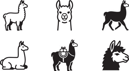 Fototapeta premium Six stylized llama silhouette icons in black and white vector art Vector