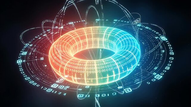 Neon glowing torus with circuit board.
