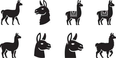 Obraz premium Black and white stylized llamas and alpacas vector icons set Vector
