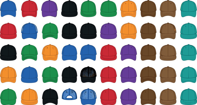 Colorful Baseball Cap Collection in Multiple Colors and Styles Including Trucker and Snapback Hat Design Vector Illustration Set