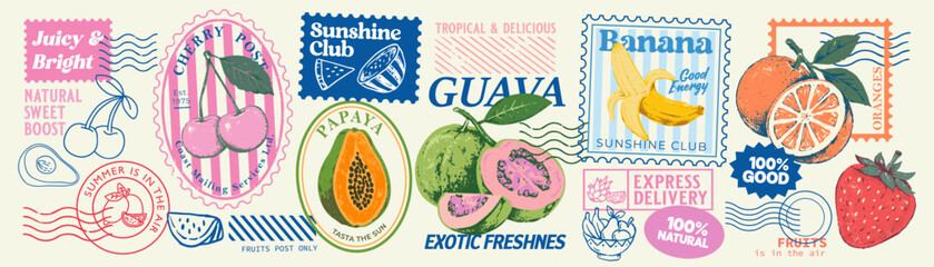 Vintage tropical fruit postage stamp collection featuring banana, guava, papaya, cherry, orange and strawberry in retro engraved style. Perfect for food packaging, labels and summer branding.