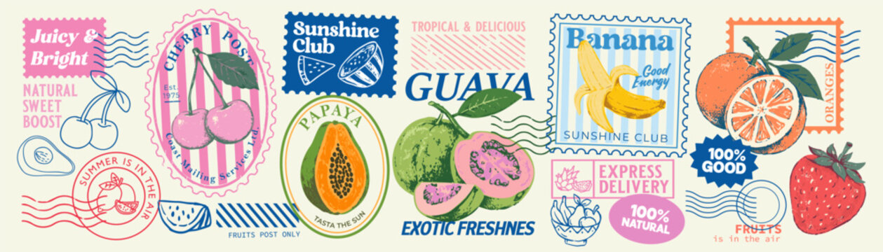 Vintage tropical fruit postage stamp collection featuring banana, guava, papaya, cherry, orange and strawberry in retro engraved style. Perfect for food packaging, labels and summer branding.