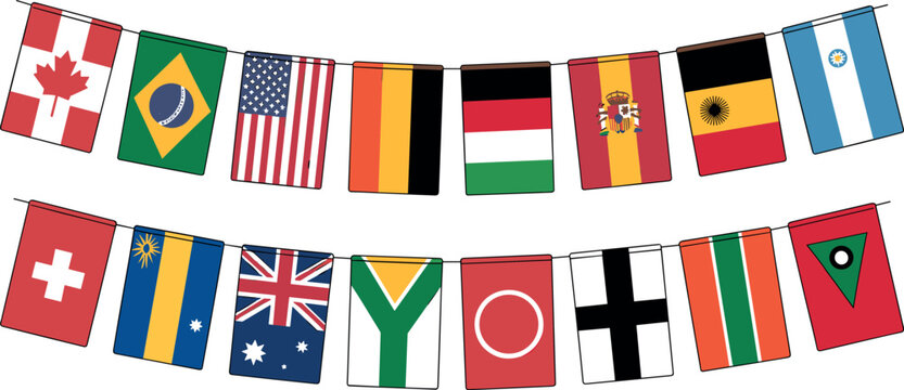 Festive bunting garland featuring colorful stylized national flags hanging on strings for international celebration and global events background