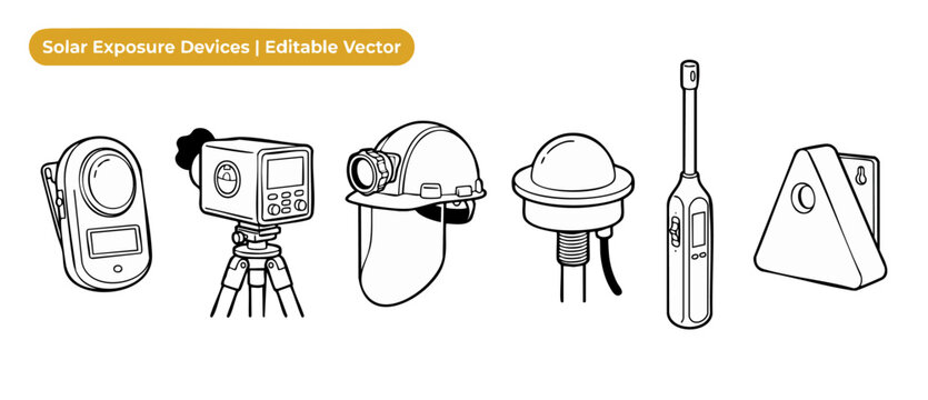 Solar radiation sensor icon set featuring UV dosimeter, pyranometer, safety helmet, handheld probe, and wall monitor, isolated black and white line art vector for industrial safety illustration style.
