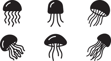 Black jellyfish icons with different tentacle styles in a row Vector © rohan
