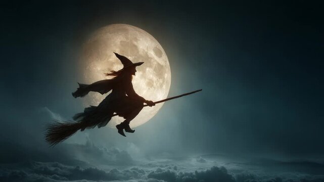 Mystical witch silhouetted against a luminous full moon, flying on her broomstick in a dark cloudy sky