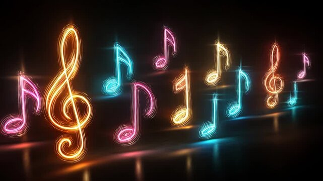 Colorful neon music notes and a treble clef glowing on a reflective black background