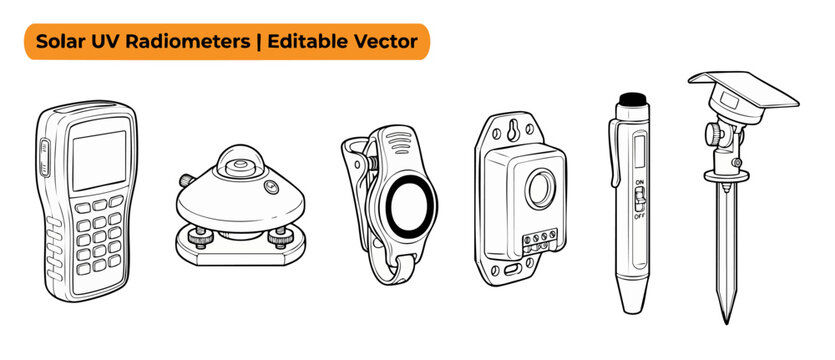 Solar UV radiometer sensor vector icons set for measuring solar radiation light intensity, featuring clean black line art outline drawings of handheld and wearable scientific devices on white.