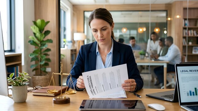 Lawyer reviewing documents at desk with scales of justice and laptop in office