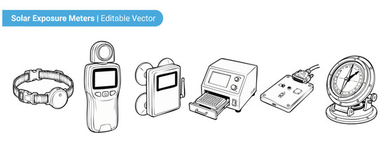 Solar exposure meter vector icons set for UV radiation measurement, featuring handheld UV index readers, wearable sensors, lab equipment, and sun compass tracking devices in clean line art style. © Dinali