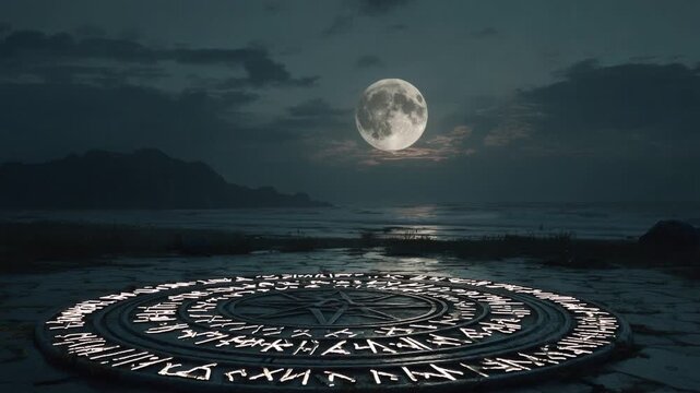 Ancient stone circle with glowing runes activating under a full moon in a dramatic night landscape