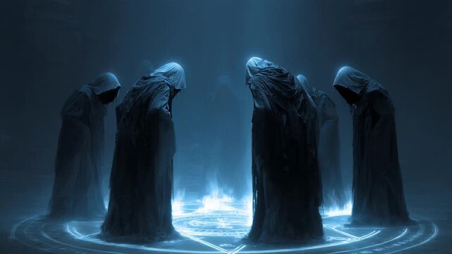 Mysterious robed cultists gathering in a circle for a supernatural satanic ceremony with blue light