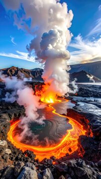 A dramatic volcanic eruption with flowing lava and towering smoke plumes under a blue sky.
